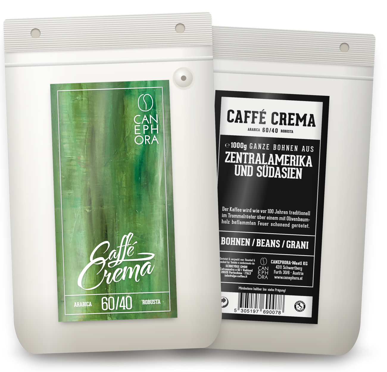 Canephora Crema 1000 g: Vorderseite mit grünem Etikett, Arabica 60, Robusta 40, und Rückseite mit Produktinformationen